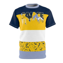 Load image into Gallery viewer, mens jordan 5 michigan yellow amarillo sneaker match colorblock sauce cut sew t shirt
