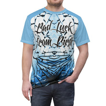 Load image into Gallery viewer, Shirt to Match Blue Mirror Foamposite Sneaker Colorway Bad Luck V4 T-Shirt
