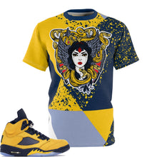 Load image into Gallery viewer, Shirt to Match Jordan 5 Michigan Yellow Amarillo Sneaker Colorway Colorblock Medusa T-Shirt