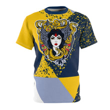 Load image into Gallery viewer, mens jordan 5 michigan yellow amarillo sneaker match colorblock medusa cut sew t shirt