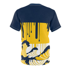 Load image into Gallery viewer, mens jordan 5 michigan yellow amarillo sneaker match colorblock drip too hard cut sew t shirt
